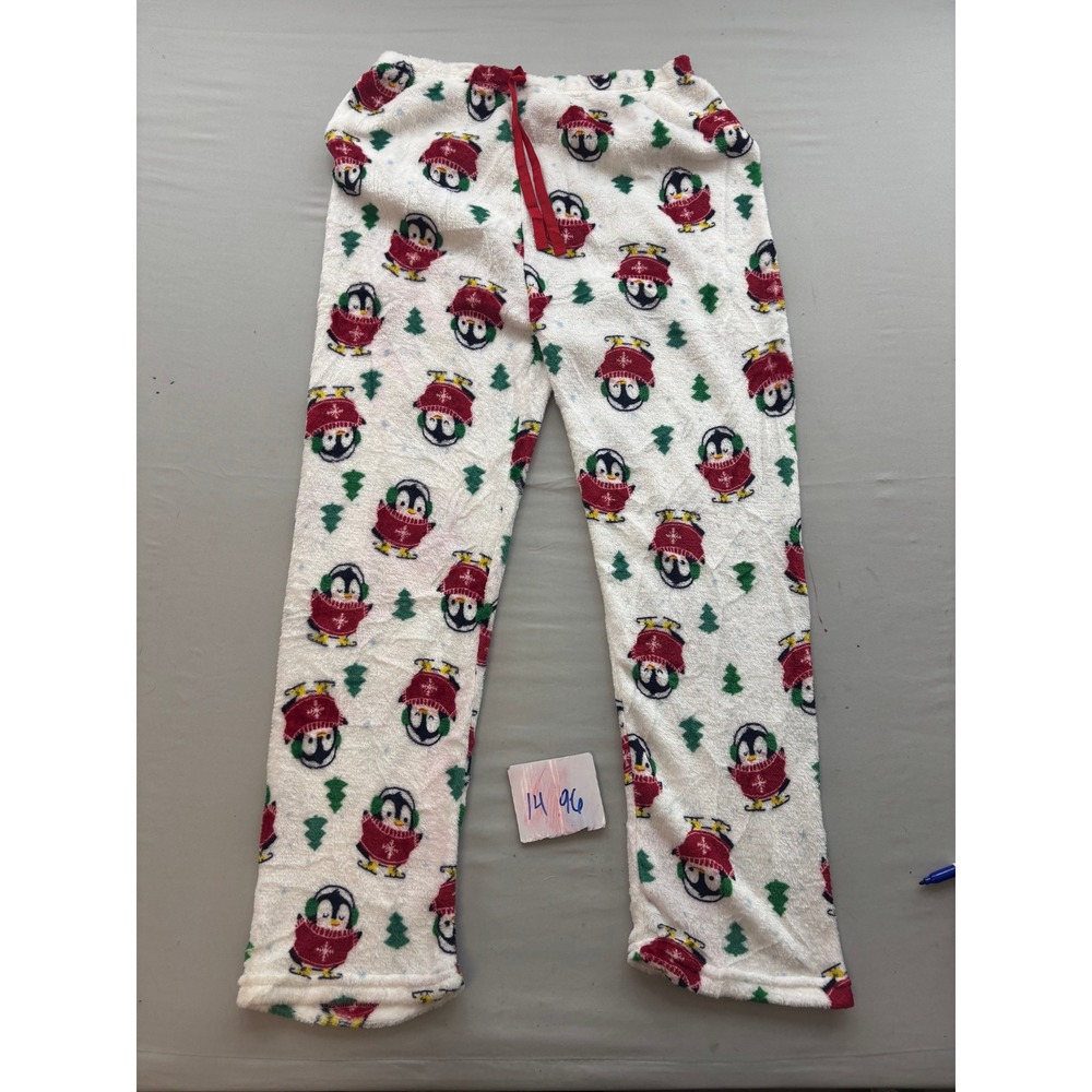 Holiday Penguin Fleece Pajama Pants White Red Green Christmas Lounge Large